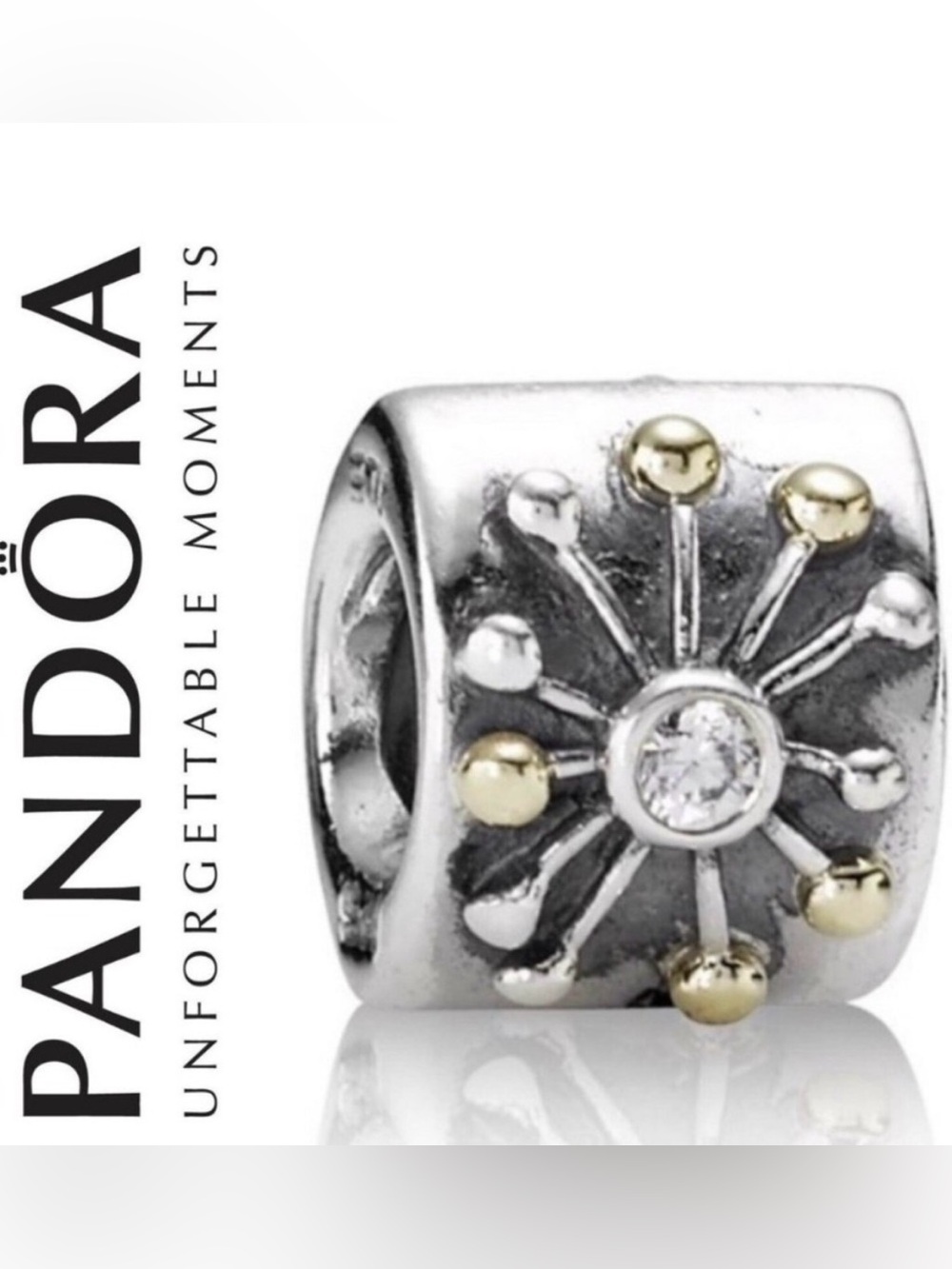 Pandora Two-Tone Sunburst Charm in Silver and Gold with Clear Stone